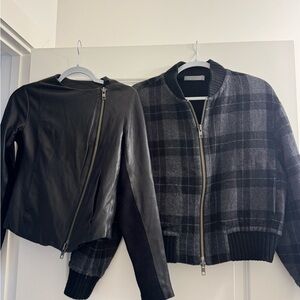 Vince Black Leather Jacket and Gray Plaid Bomber (2 Jackets Bundle)